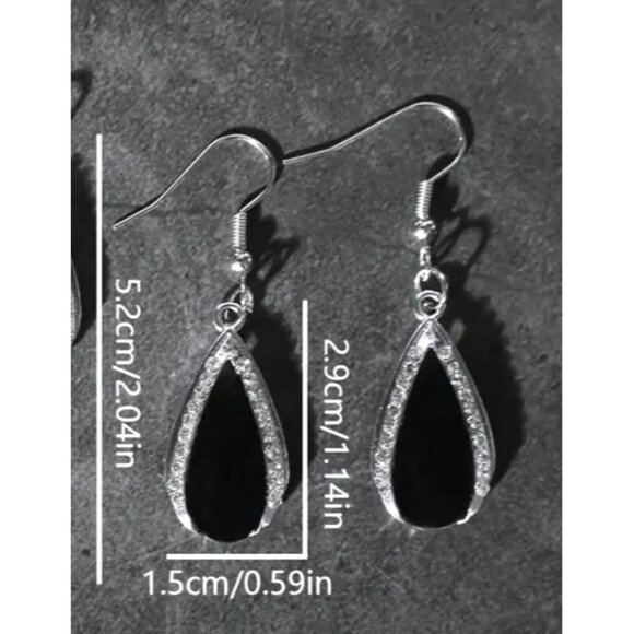 Elegant‎ Teardrop Black Stone & Rhinestone Drop Dangle Earrings - Picture 1 of 4